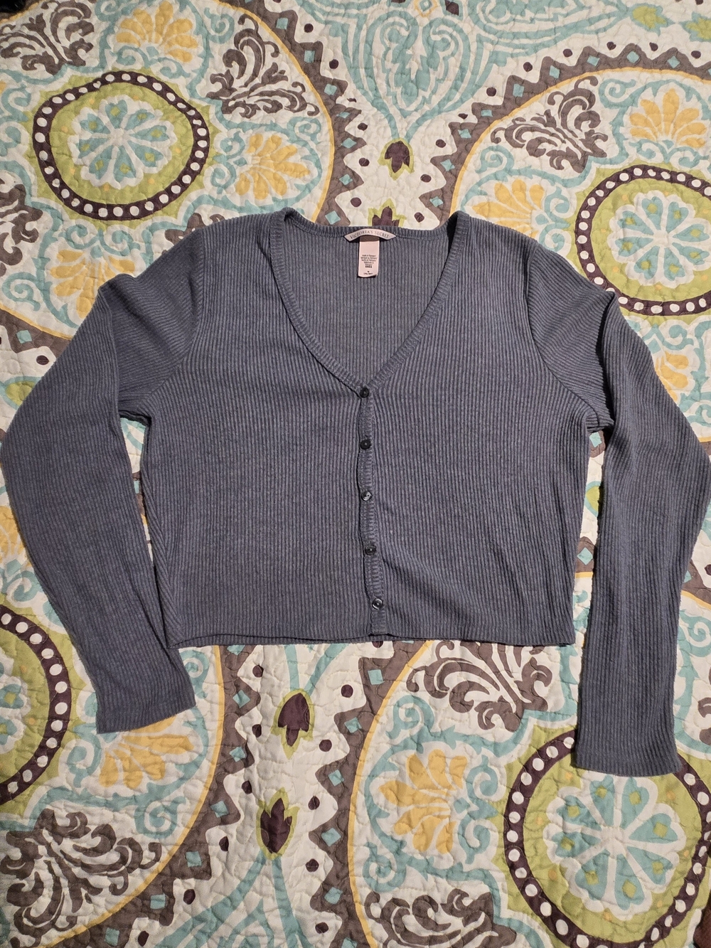 Victoria's Secret Ribbed V-Neck Button-Front Crop Cardigan- Slate